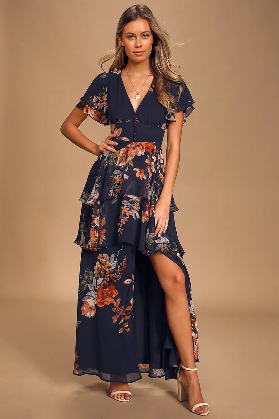 NWT Lulus Midnight Mood Navy Blue Floral Print Tiered Maxi Dress Size M
